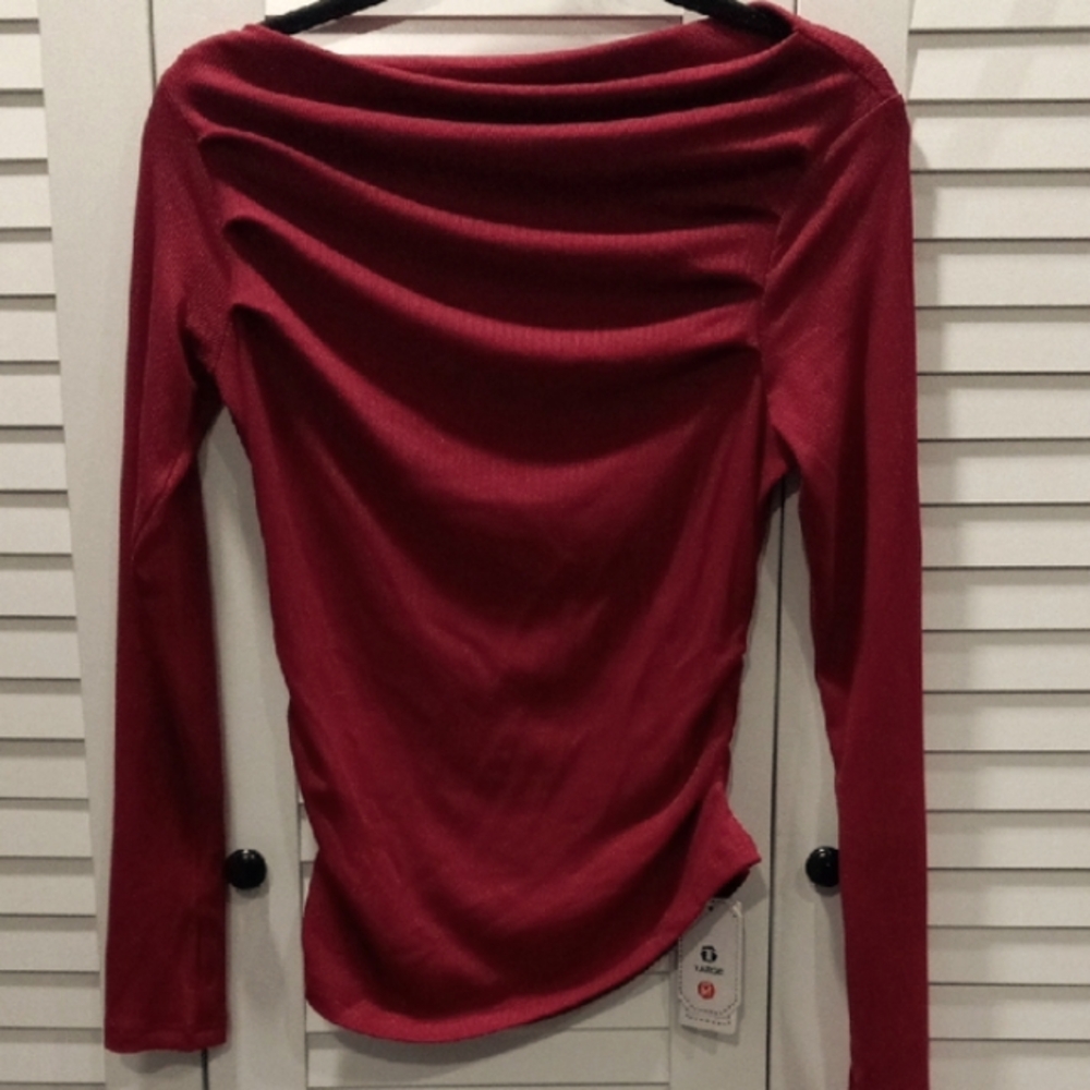Tarse Women's Long Sleeve Top Asemetrical Neck Ruched & Ribbed Knit